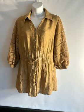 MAGRO GOLD TAN COLOR BOHO MADE IN TURKEY POLYESTER & COTTON TIE WAIST BLOUSE 44